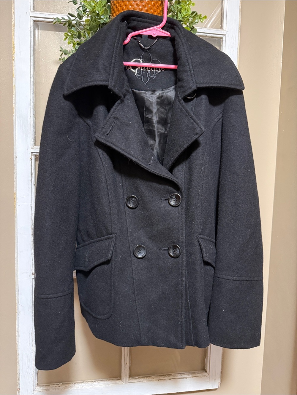 Guess Black Double-Breasted Wool Peacoat